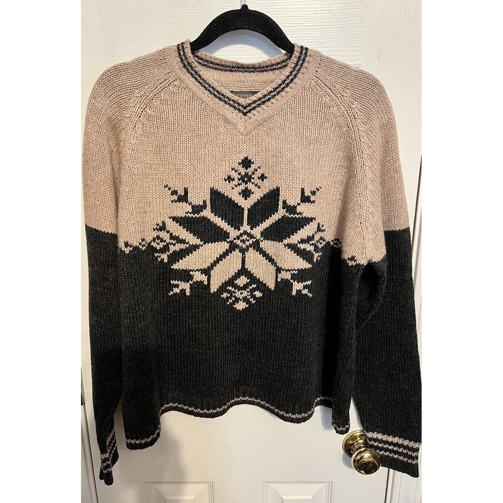 Copper Key Mens Large Snowflake Knit Sweater Tan Grey Wool Blend Winter Pullover